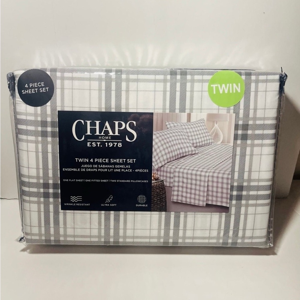 Chaps Twin Size 4 Piece Sheet Set Gray and White Plaid